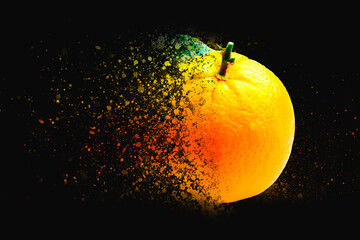 Black background with orange illustration with dispersion of the fruit
