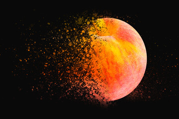 Black background with peach illustration with dispersion of the fruit