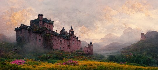 Explore imaginative Scottish castles and ruins in dreamy surrealism, scenic background mountain landscapes in cloudy emotive fog. Enchanted highlands and fantasy colors - digital paint stylization.