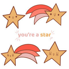 You’re a star cute cartoon stars and shooting stars with happy smiling faces illustration vector set in bright pastel yellow red and pink colour png icon success award rating