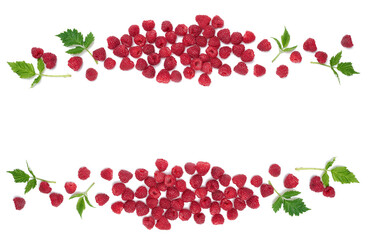 Red ripe raspberries and green leaves on a white background. View from above