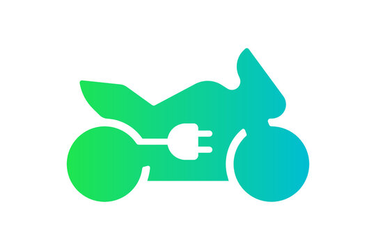 Electric sportbike icon. Green gradient cable electrical motorcycle and plug charging symbol. Eco friendly electro motorbike vehicle sign. Vector battery powered EV transportation eps illustration