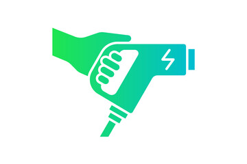 Hand holding electric charger connector green gradient icon. Electrical transportation energy charging plug symbol. Eco friendly electro vehicle charge sign. Battery powered EV transport station logo