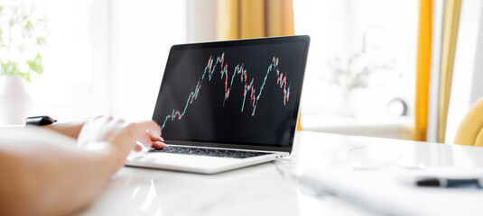 Investor trades stocks on the stock exchange crane laptop online charts, office workplace