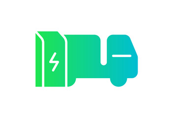 Electric truck charging in charger station icon. Electrical lorry energy charge green gradient symbol. Eco friendly electro vehicle recharge sign. Vector battery powered EV transportation eps logo