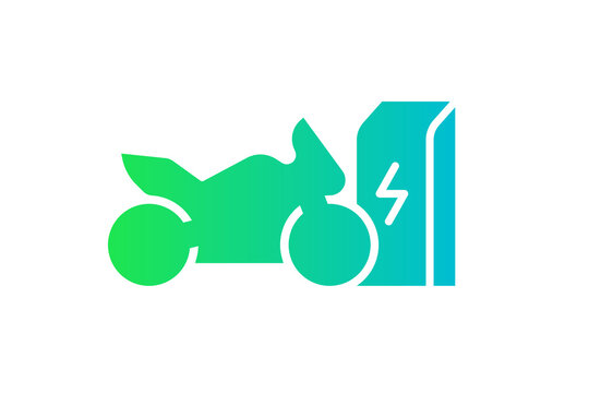 Electric sportbike charging in charger station icon. Electrical motorcycle energy charge green gradient symbol. Eco friendly electro motorbike recharge sign. Vector battery powered EV transportation