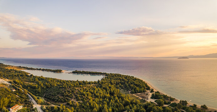 ascending view of Glarokavos Beach in Kassandra peninsula, Halkidiki, Greece. High quality photo