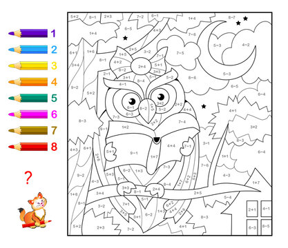Math education for little children. Coloring book. Mathematical exercises on addition and subtraction. Solve examples and paint the owl. Developing counting skills. Worksheet for kids. Activity sheet.
