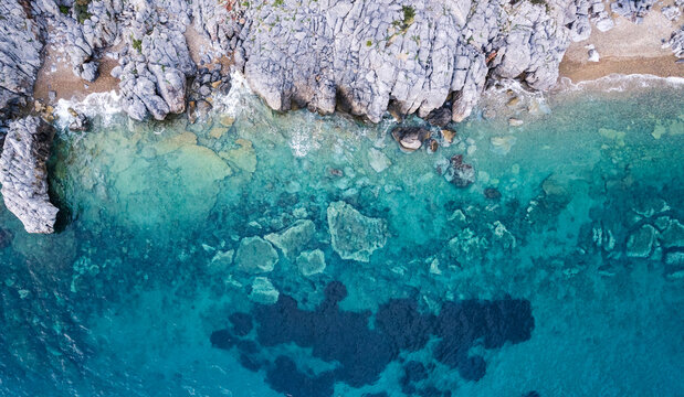 drone perspective of Kassandra cliffs near Paliouri, Greece. stunning natural seashore. High quality photo