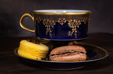 vintage crockery and macaroon and coffee beans