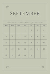 September 2022 simple design digital and printable calendar template illustration. Notes, scheduler, diary, calendar, memo, planner document template background. 