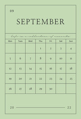 September 2022 simple design digital and printable calendar template illustration. Notes, scheduler, diary, calendar, memo, planner document template background. 