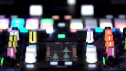 Close up of dj professional drum machine at the night club. Art. Buttons and controllers of a beat...