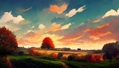 Autumn fields, leaves falling to the ground from trees, sunset