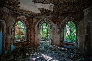 Inside old ruined abandoned historical Khvostov's mansion in Gothic style