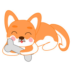 Kawaii style Corgi, shiba inu dog eating bone, doodle vector