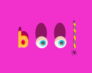 Halloween boo concept. Scary pumpkin, eye ball, candy and spider on pink background. Minimalistic holiday composition.