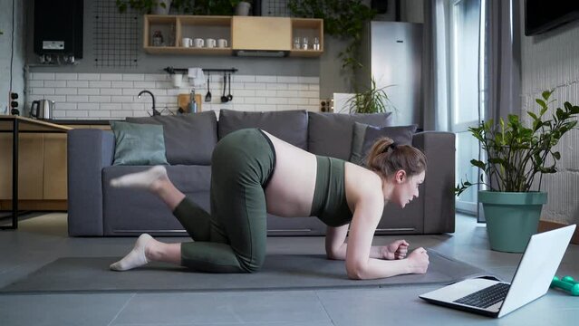 pregnant woman doing physical exercises on a mat at home using a laptop. Online yoga course for females during pregnancy. fitness gymnastics pilates or stretching at home video lessons. Indoor