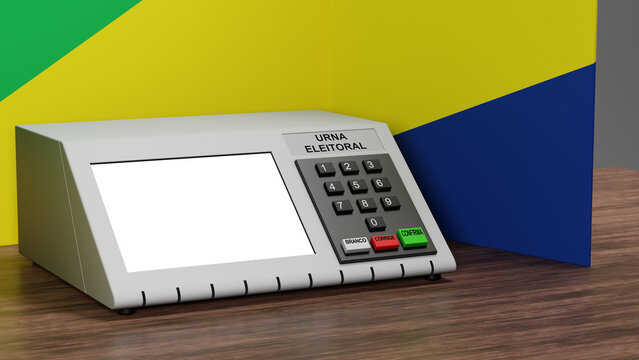 Renderiza&ccedil;&atilde;o 3D de urna eletr&ocirc;nica com cores da bandeira do Brasil ao fundo, tela branca e escritos dizendo em portugu&ecirc;s: "branco", "corrige", "confirma" e "urna eleitoral"