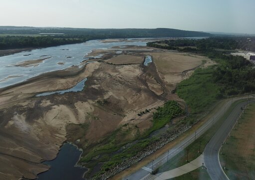 Drought-depleted Arkansas River in Tulsa, Oklahoma, August, 2022.