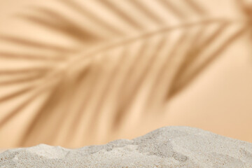 blank orange natural background with sand and light shadow nature for natural cosmetic product. Empty scene with sand.Organic natural and Beauty skincare concept.