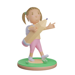 3d girl character holding pencil