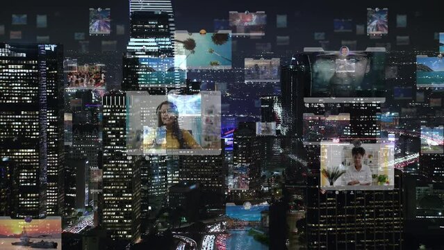 Futuristic City Connected to Social Media. High Tech Vision of Los Angeles at Night. Augmented Reality, Social Network Interfaces, Internet of Things. United States.