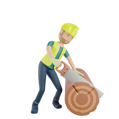 3d engineer character sawing wood