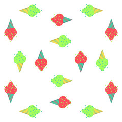 Summer seamless pattern with ice cream waffle cones with berries. Colorful desserts for wrapping paper, fabric, background design. Children clothes, pajamas textile.