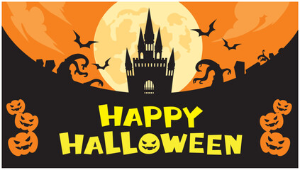 オレンジの空と満月、お城と不気味な影のハロウィン背景　文字入り(16:9)