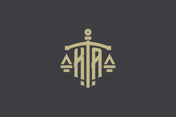Letter KA logo for law office and attorney with creative scale and sword icon design - obrazy, fototapety, plakaty