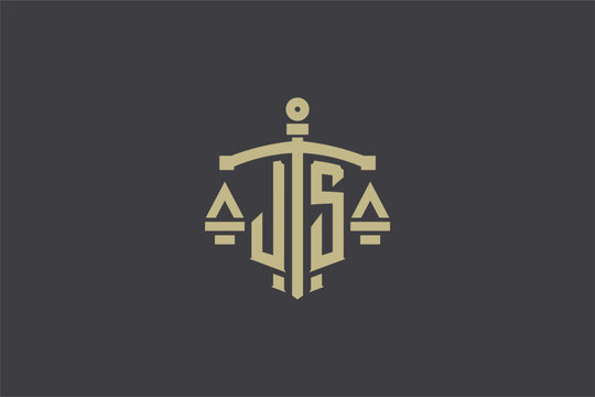 Letter JS logo for law office and attorney with creative scale and sword icon design