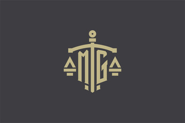 Letter MG logo for law office and attorney with creative scale and sword icon design - obrazy, fototapety, plakaty