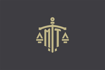 Letter MT logo for law office and attorney with creative scale and sword icon design - obrazy, fototapety, plakaty