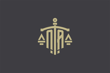 Letter NA logo for law office and attorney with creative scale and sword icon design