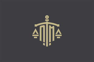 Letter NM logo for law office and attorney with creative scale and sword icon design