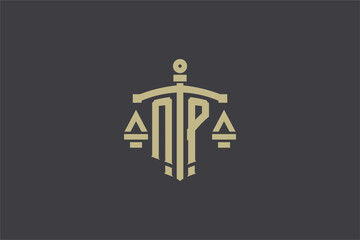 Letter NP logo for law office and attorney with creative scale and sword icon design - obrazy, fototapety, plakaty