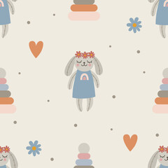 Seamless pattern with toy rabbit and pyramid in boho style. Vector illustration