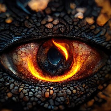 Dragon eye, burning with flames and fire, scales