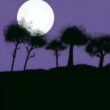 beautiful landscape with five trees and full moon with starry sky © Willian