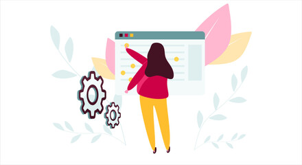 User customize settings on monitor. Computer screen with users personal page. User interface customization, programming. Concept of creating, setting personal pages and repairing. Vector illustration