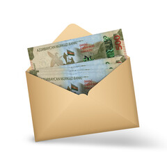 500 Azerbaijani manat notes inside an open brown envelope. 3D illustration of money in an open envelope