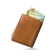 3D rendering of 500 Azerbaijani manat notes popping out of a brown leather men’s wallet. Azerbaijani manat in wallet