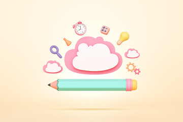 pencil stationery pastel float learning school kids cute pink cloud message bubble frame clock light bulb study children. learning creative education and imagination. clipping path. 3D Illustration.