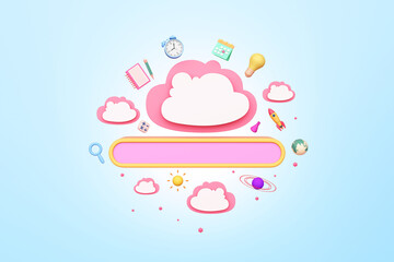 search engine internet online learning kids cute pink cloud message bubble frame clock light bulb pencil study website children. creative education imagine or business. clipping path. 3D Illustration.