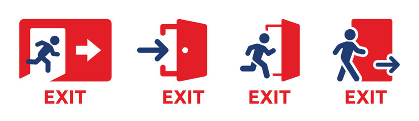 Emergency exit icon vector set. Evacuation sign for safety with people running, door and arrow symbol illustration. - obrazy, fototapety, plakaty