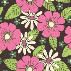 Colorful Pink, Green, Black Large Scale Hand-Drawn Floral Vector Seamless Pattern. Retro 70s Style Nostalgic Fashion Textile Bold Background. Summer Resort Print. Daisies. Flower Power