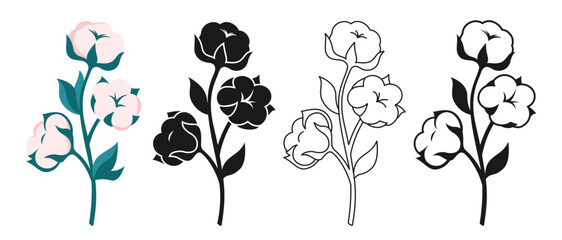 Cotton flower and branch cartoon or engraved ink stamp or linear doodle set. Botanical wedding herb, rustic trendy sign. Natural blossom fluffy fiber on stem design. Ripe cotton boll fiber vector