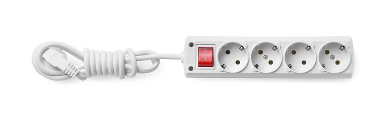 Power strip isolated on white, top view. Electrician's equipment