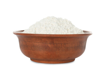Fresh flour in wooden bowl isolated on white